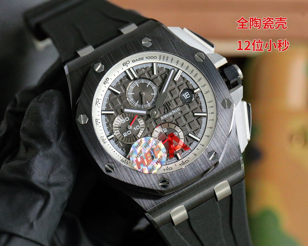 TOP! Chronograph- Black Grey Ceramic Bezel- Black Rubber - Automatic - 42mm