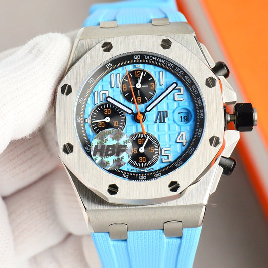 Chronograph - Baby blue White Ceramic Bezel - Blue Rubber - Automatic - 44mm