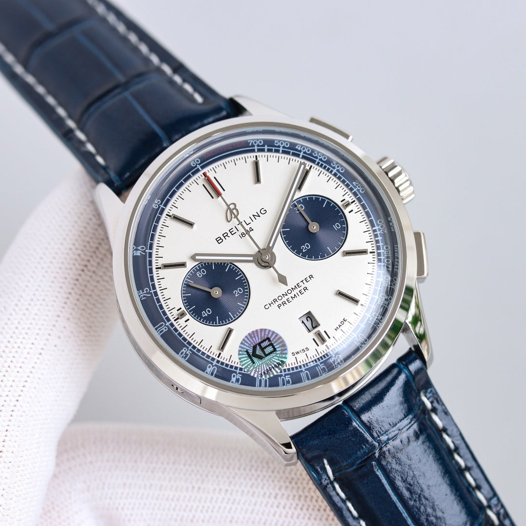 Chronograph - White Blue - Blue Leather - Automatic - 42mm
