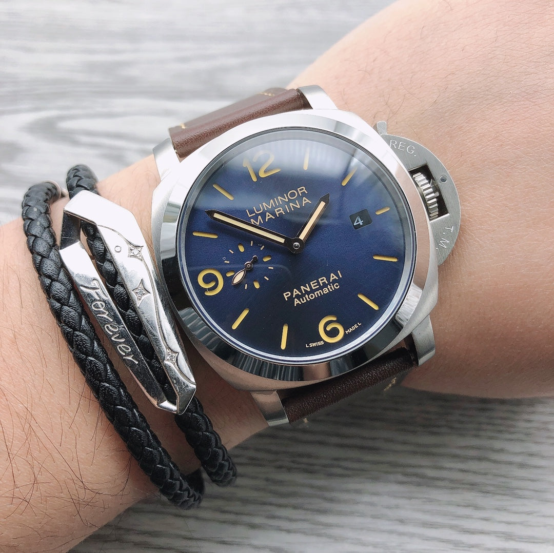 Blue -Silver 904L Steel - Brwon rubber -Automatic - 44mm