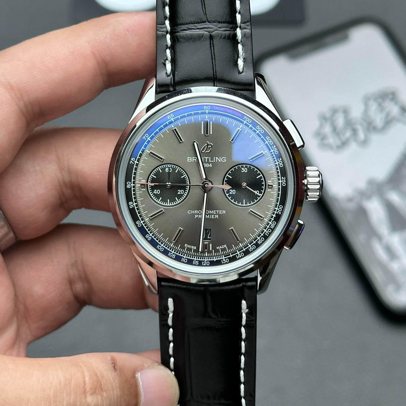 Chronograph - Grey - Black Leather - Automatic - 42mm