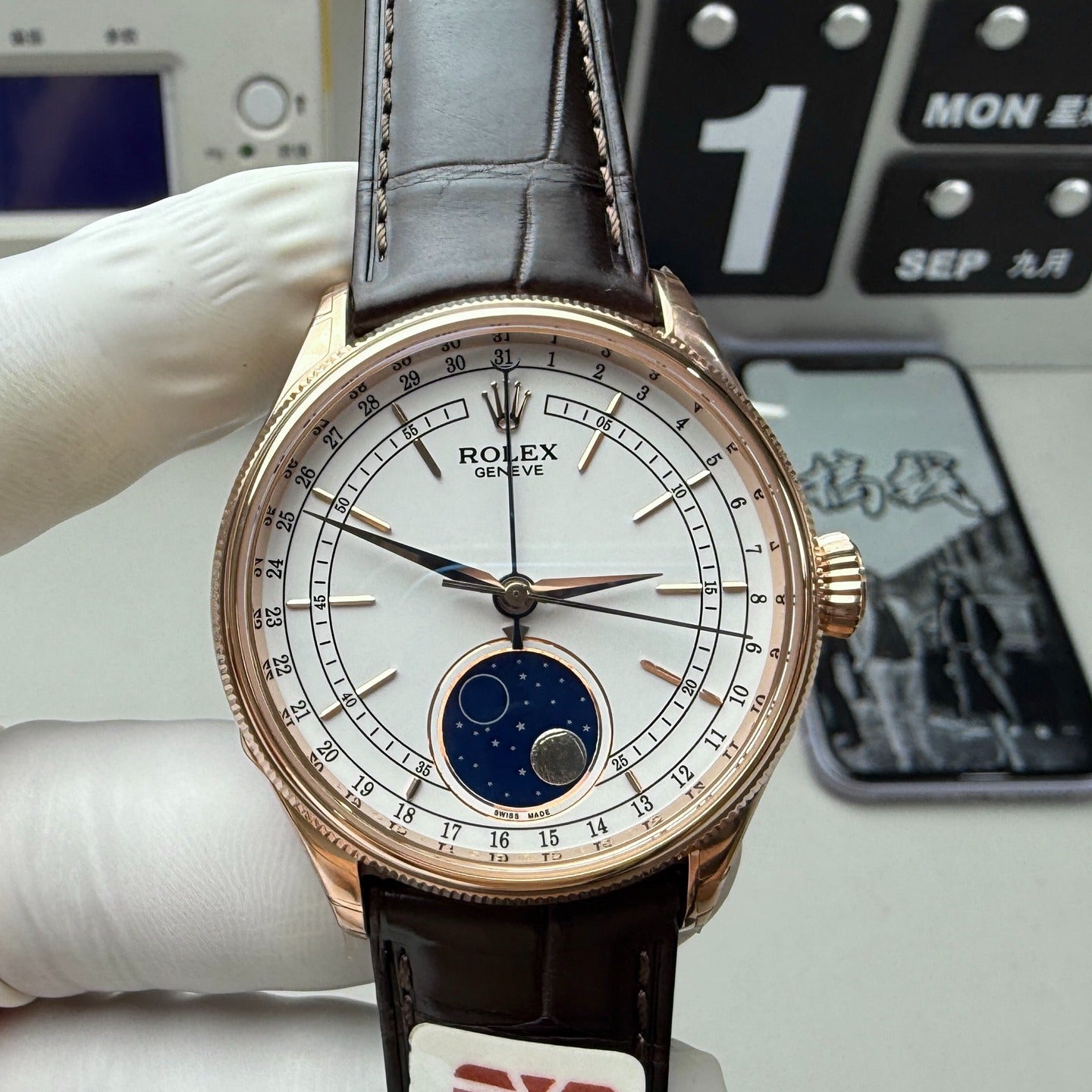 White -904L Yellow gold -Moon phase - Blrown Leather - Automatic - 39mm