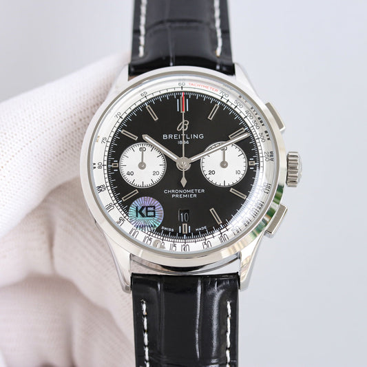 Chronograph -Silver Black - Black Leather - Automatic - 42mm