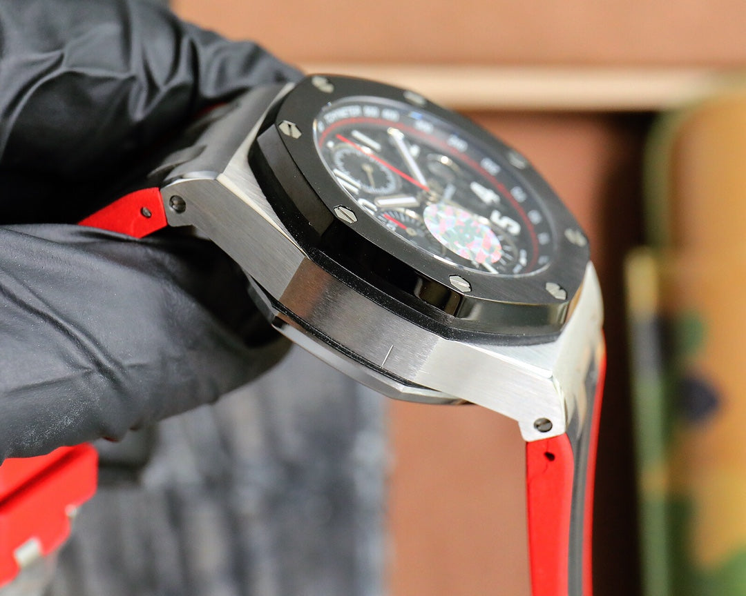 TOP! Chronograph- Red -Black Ceramic- Black Rubber - Automatic - 42mm