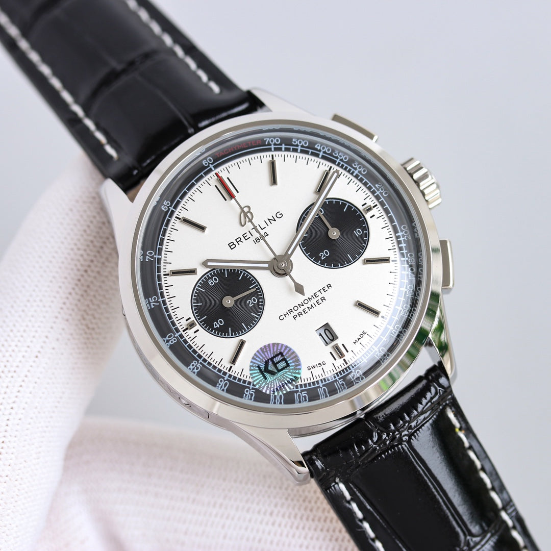Chronograph - Panda face - Black Leather - Automatic - 42mm