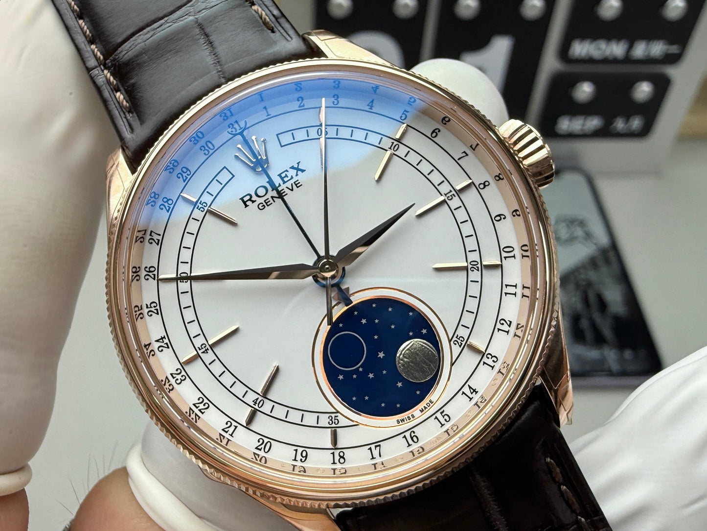 White -904L Yellow gold -Moon phase - Blrown Leather - Automatic - 39mm