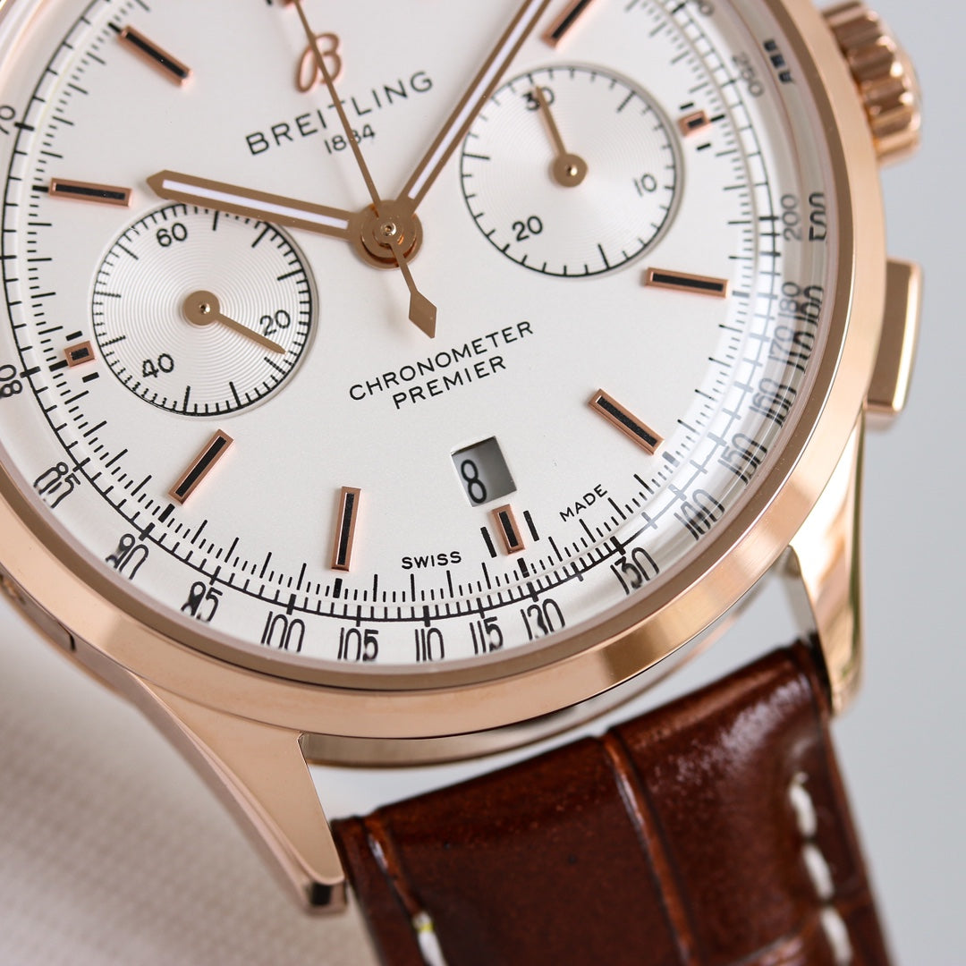 Chronograph -Rosegold White - Brown Leather - Automatic - 42mm